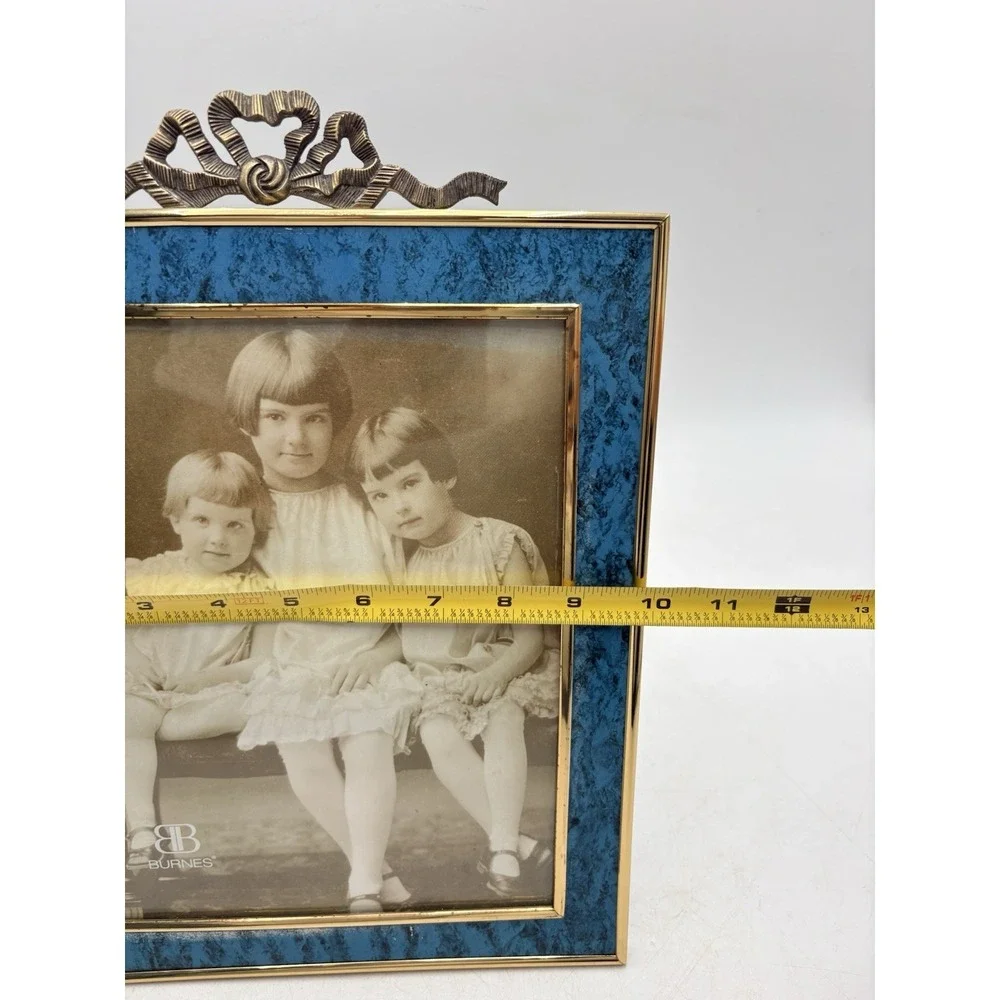 Burnes Blue Faux Marble Picture Frame 8x10 Brass Tone Ribbon Bow Korea